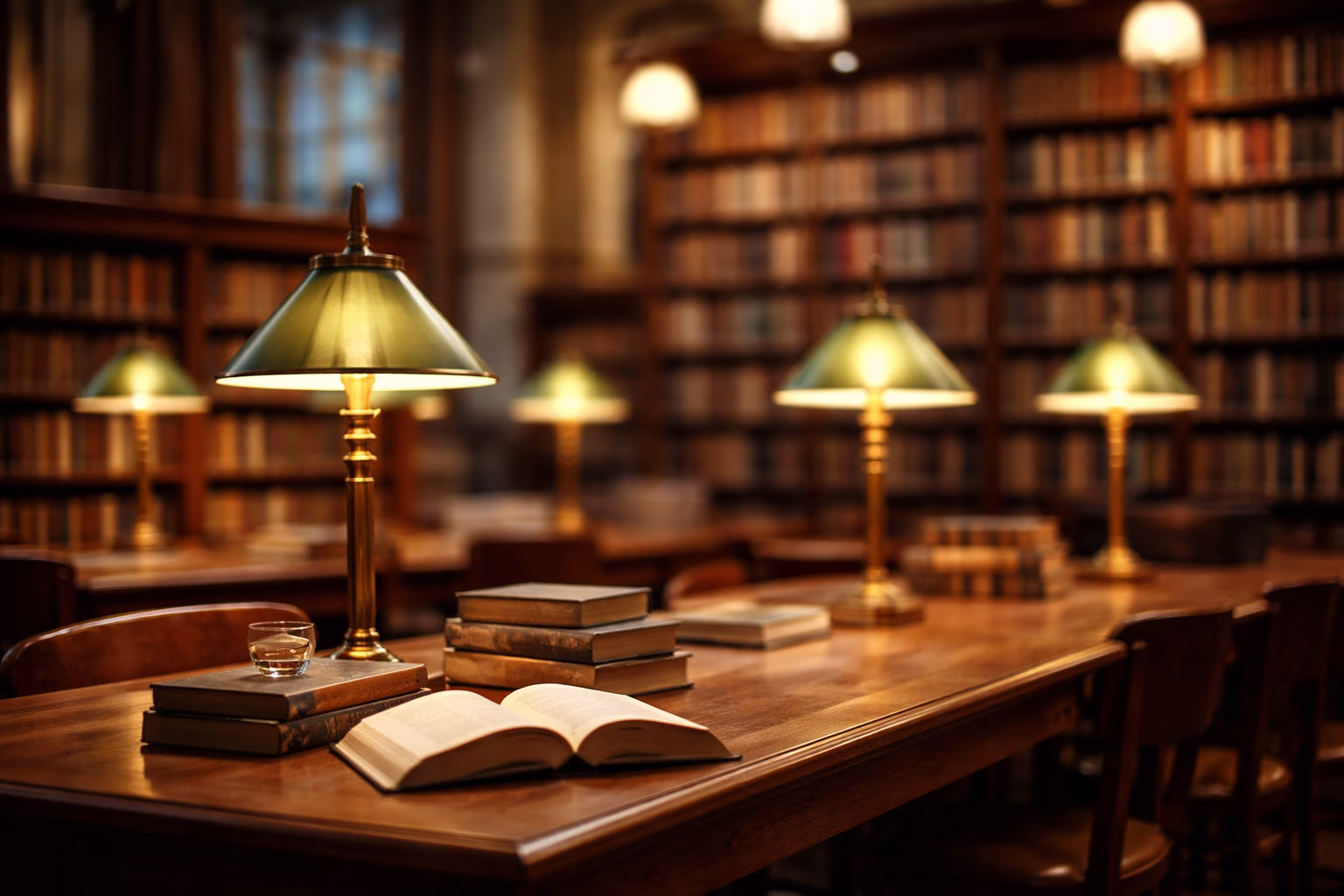 Starożytna biblioteka z regałami w tle