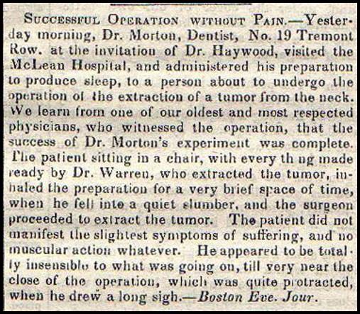 Wycinek ze starej gazety z artykułem w języku angielskim, z wyraźnym nagłówkiem „SUCCESSFUL OPERATION WITHOUT PAIN” (Udana operacja bez bólu).