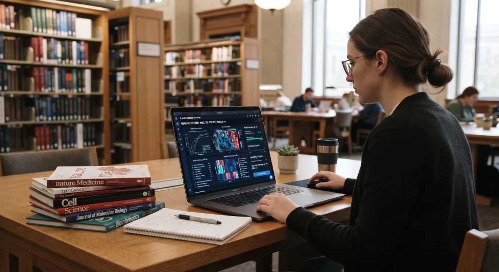 Kobieta pracująca przy laptopie w czytelni biblioteki naukowej, korzystająca z narzędzia Scopus AI do analizy literatury medycznej.