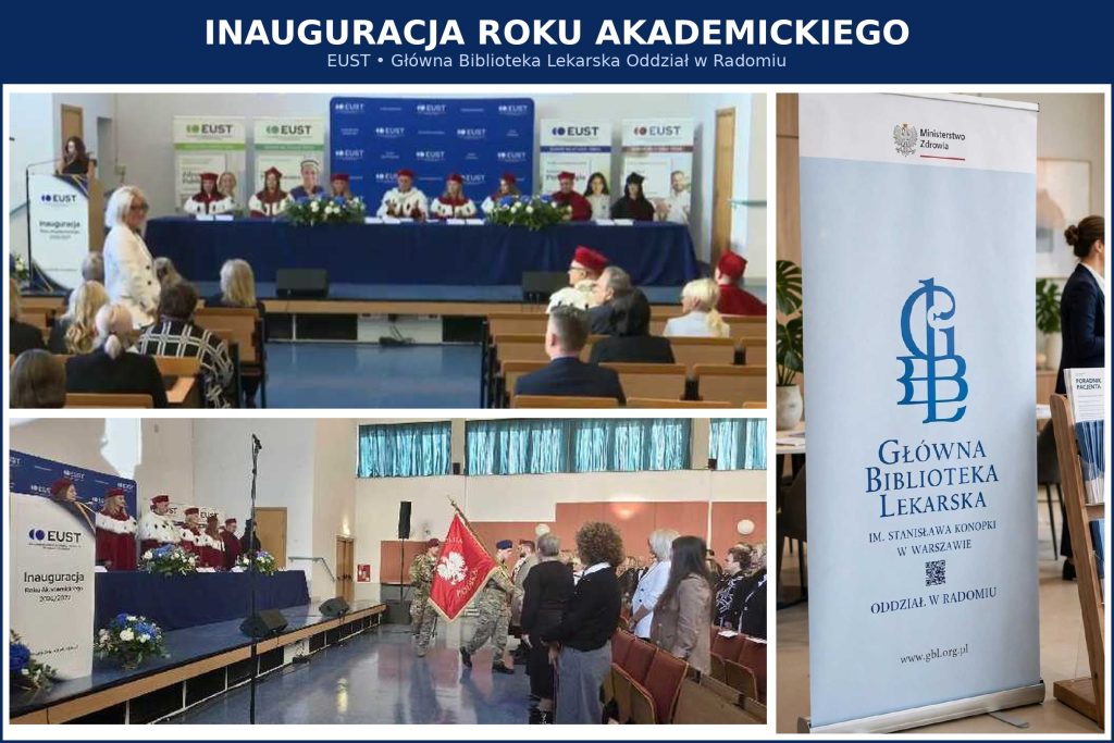 Kolaż trzech fotografii z nagłówkiem „Inauguracja Roku Akademickiego. EUST • Główna Biblioteka Lekarska Oddział w Radomiu”. Dwa zdjęcia po lewej stronie przedstawiają przebieg uroczystości w auli: na górnym widać władze uczelni w akademickich togach zasiadające za stołem prezydialnym przed zgromadzoną publicznością, a na dolnym moment wprowadzania pocztu sztandarowego z flagą Polski. Zdjęcie po prawej stronie prezentuje z bliska pionowy baner informacyjny (roll-up) z logiem Głównej Biblioteki Lekarskiej i napisem „Oddział w Radomiu”.