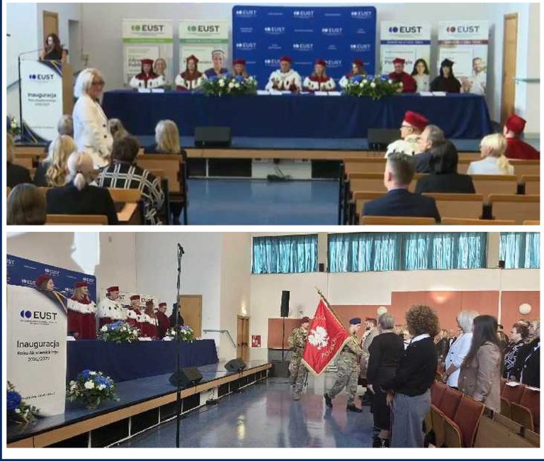 Kolaż trzech fotografii z nagłówkiem „Inauguracja Roku Akademickiego. EUST • Główna Biblioteka Lekarska Oddział w Radomiu”. Dwa zdjęcia po lewej stronie przedstawiają przebieg uroczystości w auli: na górnym widać władze uczelni w akademickich togach zasiadające za stołem prezydialnym przed zgromadzoną publicznością, a na dolnym moment wprowadzania pocztu sztandarowego z flagą Polski. Zdjęcie po prawej stronie prezentuje z bliska pionowy baner informacyjny (roll-up) z logiem Głównej Biblioteki Lekarskiej i napisem „Oddział w Radomiu”.