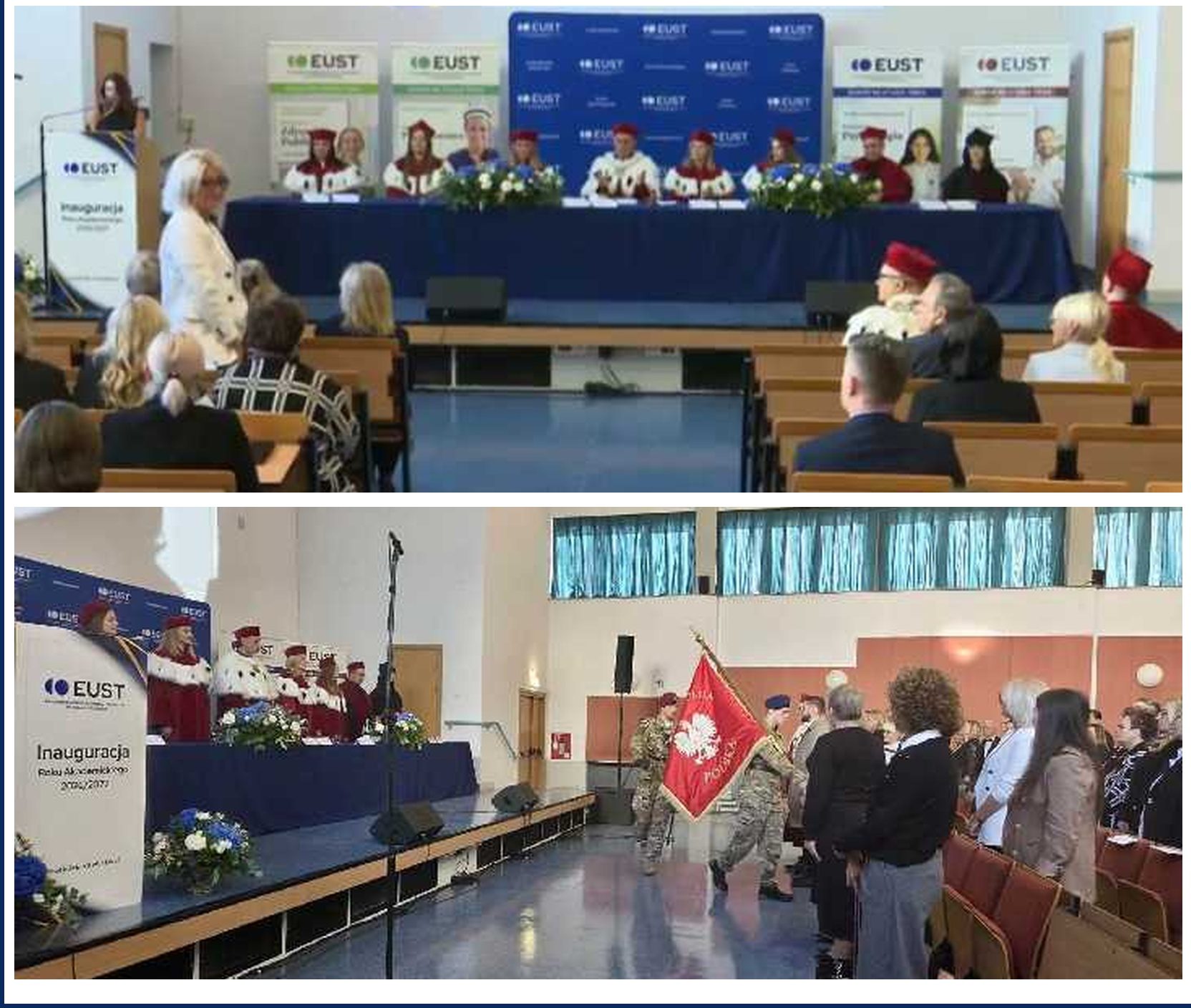 Kolaż trzech fotografii z nagłówkiem „Inauguracja Roku Akademickiego. EUST • Główna Biblioteka Lekarska Oddział w Radomiu”. Dwa zdjęcia po lewej stronie przedstawiają przebieg uroczystości w auli: na górnym widać władze uczelni w akademickich togach zasiadające za stołem prezydialnym przed zgromadzoną publicznością, a na dolnym moment wprowadzania pocztu sztandarowego z flagą Polski. Zdjęcie po prawej stronie prezentuje z bliska pionowy baner informacyjny (roll-up) z logiem Głównej Biblioteki Lekarskiej i napisem „Oddział w Radomiu”.